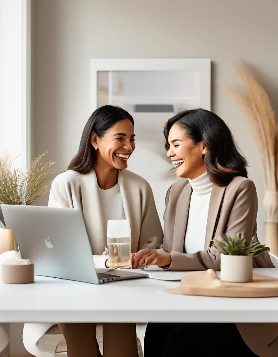 Two women smiling and working on a laptop